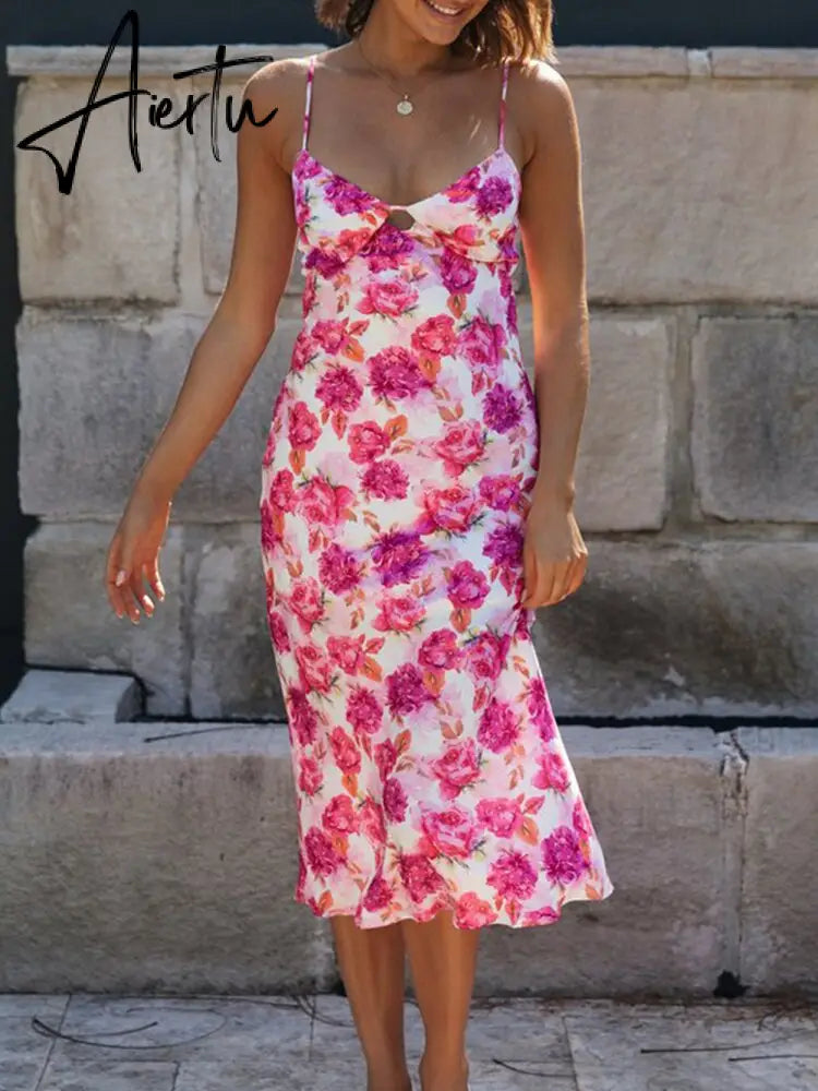 Hollow Out Sexy Straight Midi Elegant Summer Beach Pink Sundress Vestido Femme Robe Party Elegant Sleeveless Dress Aiertu