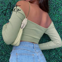 Hollow-Out V-neck Long Sleeve Crop Tops Spring Fall Casual Fashion Women Square Collar Slim Ribbed T-Shirts Backless Tee Aiertu
