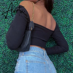 Hollow-Out V-neck Long Sleeve Crop Tops Spring Fall Casual Fashion Women Square Collar Slim Ribbed T-Shirts Backless Tee Aiertu