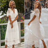 Hollow Out White Dress Sexy Women Long Lace Dress Cross Semi-Sheer Plunge V-Neck Short Sleeve Lace Maxi Dress Aiertu