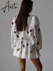 Home Suit Women Pajamas Cotton Linen Top Skirt Set Summer Strawberry Pattern Ruffle Long Sleeve Button Blouse Mini Skirt Outfits Aiertu