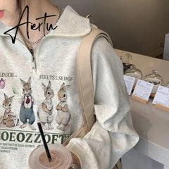 Hoodie for Woman Retro Gray Rabbit Y2k Sweater Women Spring and Autumn Loose Oversize Harajuku Wind Casual Hundred Take Tops Aiertu