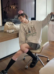 Hoodie for Woman Retro Gray Rabbit Y2k Sweater Women Spring and Autumn Loose Oversize Harajuku Wind Casual Hundred Take Tops Aiertu