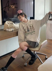 Hoodie for Woman Retro Gray Rabbit Y2k Sweater Women Spring and Autumn Loose Oversize Harajuku Wind Casual Hundred Take Tops Aiertu