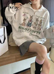 Hoodie for Woman Retro Gray Rabbit Y2k Sweater Women Spring and Autumn Loose Oversize Harajuku Wind Casual Hundred Take Tops Aiertu
