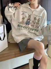 Hoodie for Woman Retro Gray Rabbit Y2k Sweater Women Spring and Autumn Loose Oversize Harajuku Wind Casual Hundred Take Tops Aiertu