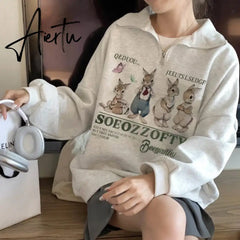 Hoodie for Woman Retro Gray Rabbit Y2k Sweater Women Spring and Autumn Loose Oversize Harajuku Wind Casual Hundred Take Tops Aiertu