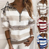 Hoodies Women Stripe Leopard Patchwork Sweatshirt Zipper Long Sleeve Blouse Pullover Women's Clothing Street wear толстовка Aiertu