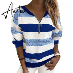 Hoodies Women Stripe Leopard Patchwork Sweatshirt Zipper Long Sleeve Blouse Pullover Women's Clothing Street wear толстовка Aiertu