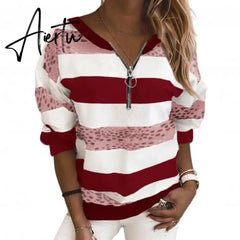 Hoodies Women Stripe Leopard Patchwork Sweatshirt Zipper Long Sleeve Blouse Pullover Women's Clothing Street wear толстовка Aiertu