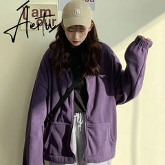 Hoodies Women Zip-up Turn-down Collar Printed Pocket Long Sleeve Korean Style New Trendy Casual BF Ulzzang Harajuku Womens Daily Aiertu
