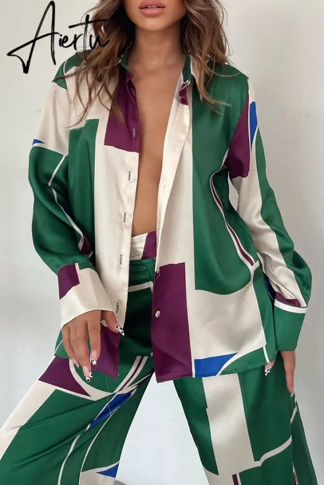 Hot Popular High-end Patchwork Loose Nature Shirt Set Office Lady Full Sleeve + Long Wide Leg Pants Women 2 Piece Set Aiertu