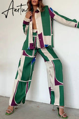 Hot Popular High-end Patchwork Loose Nature Shirt Set Office Lady Full Sleeve + Long Wide Leg Pants Women 2 Piece Set Aiertu