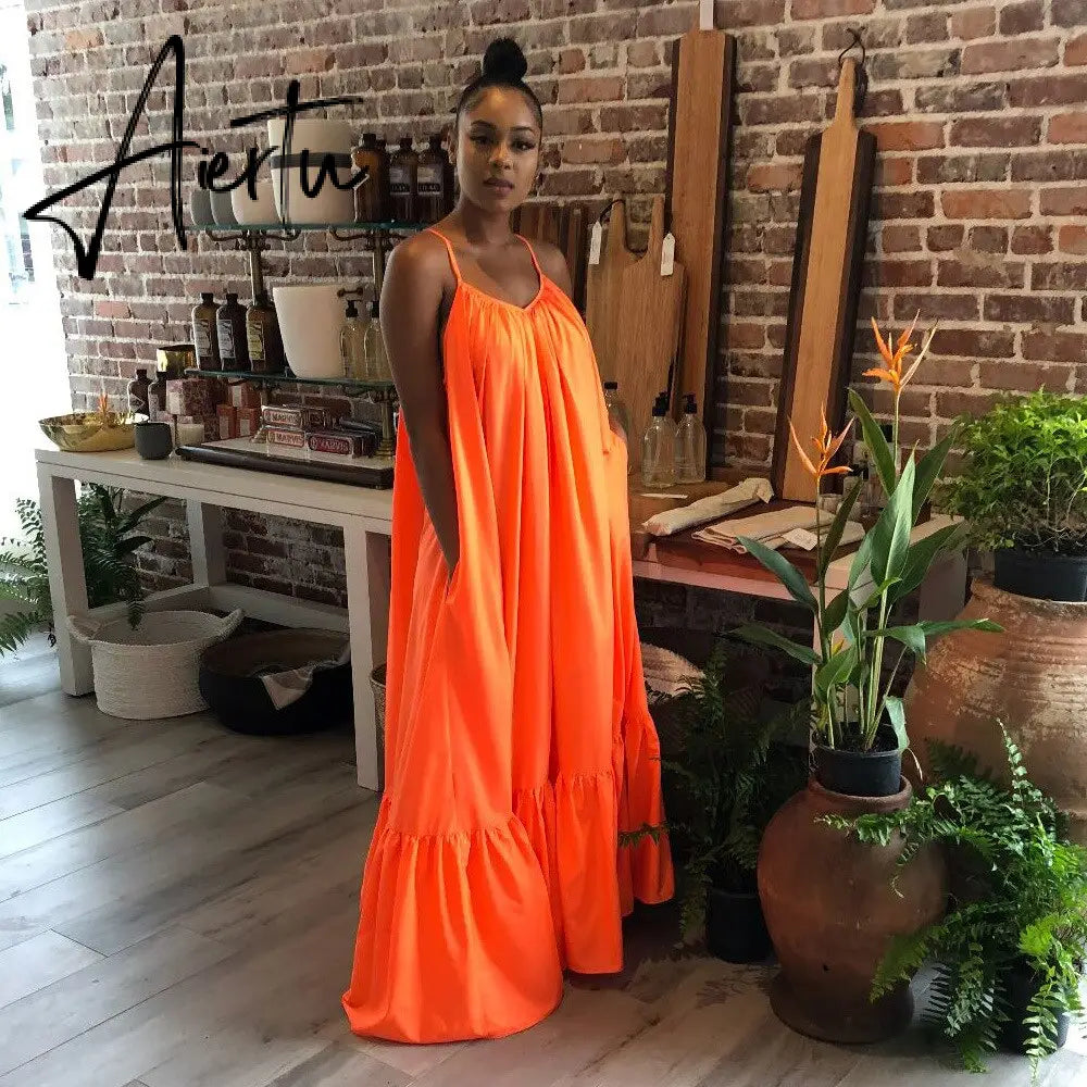 Hot Selling European and American Sexy Sling Sleeveless Solid Color Long Big Swing Dress Women Boho Long Maxi Dress Aiertu