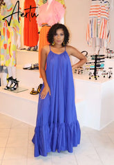 Hot Selling European and American Sexy Sling Sleeveless Solid Color Long Big Swing Dress Women Boho Long Maxi Dress Aiertu