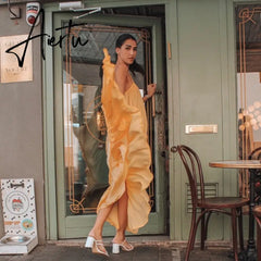 Hot Selling European and American Sexy Sling Sleeveless Solid Color Long Big Swing Dress Women Boho Long Maxi Dress Aiertu
