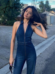 Hugcitar Denim Jumpsuit V Neck Zipper Bell Sleeveless Sexy Outifts Elegant Backpacker Party Summer Aiertu