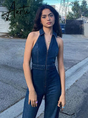 Hugcitar Denim Jumpsuit V Neck Zipper Bell Sleeveless Sexy Outifts Elegant Backpacker Party Summer Aiertu