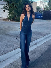 Hugcitar Denim Jumpsuit V Neck Zipper Bell Sleeveless Sexy Outifts Elegant Backpacker Party Summer Aiertu