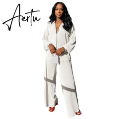 INS High-end Shirt Pleated Set Solid Sweet Loose Chiffon Office Lady Full Sleeve + Long Wide Leg Pants Women 2 Piece Set Aiertu
