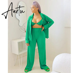 INS High-end Shirt Pleated Set Solid Sweet Loose Chiffon Office Lady Full Sleeve + Long Wide Leg Pants Women 2 Piece Set Aiertu