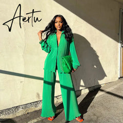INS High-end Shirt Pleated Set Solid Sweet Loose Chiffon Office Lady Full Sleeve + Long Wide Leg Pants Women 2 Piece Set Aiertu
