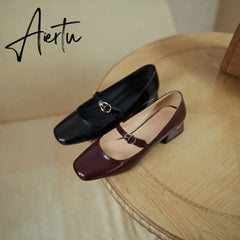 INS HOT Women pumps Genuine Leather shoes plus size 22-26.5cm Cow split leather Square toe buckle Mary Jane shoes 2 colors Aiertu