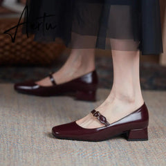 INS HOT Women pumps Genuine Leather shoes plus size 22-26.5cm Cow split leather Square toe buckle Mary Jane shoes 2 colors Aiertu