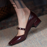 INS HOT Women pumps Genuine Leather shoes plus size 22-26.5cm Cow split leather Square toe buckle Mary Jane shoes 2 colors Aiertu