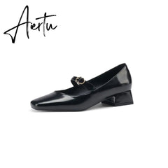INS HOT Women pumps Genuine Leather shoes plus size 22-26.5cm Cow split leather Square toe buckle Mary Jane shoes 2 colors Aiertu