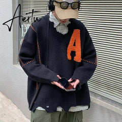 Irregular Hem Frayed Letter Embroidery V Neck Casual Sweaters Men and Women High Street Retro Pullover Knitted Autumn Clothes Aiertu