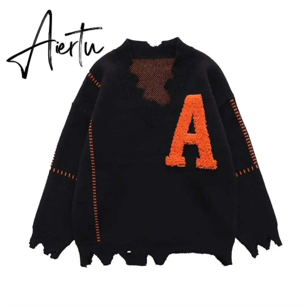 Irregular Hem Frayed Letter Embroidery V Neck Casual Sweaters Men and Women High Street Retro Pullover Knitted Autumn Clothes Aiertu