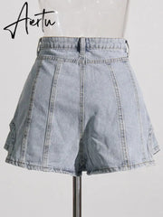 Irregular Hem Shorts For Women High Waist Pathchwork Button Loose Casual Denim Short Pants Female Fashion Clothing Aiertu