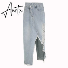 Irregular Ripped Denim Long Skirts y2k Chic Cutout Grunge 2000s Jeans Midi Skirts Women Casual Streetwear Fashion Korean Aiertu