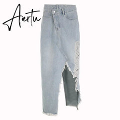 Irregular Ripped Denim Long Skirts y2k Chic Cutout Grunge 2000s Jeans Midi Skirts Women Casual Streetwear Fashion Korean Aiertu