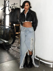 Irregular Ripped Denim Long Skirts y2k Chic Cutout Grunge 2000s Jeans Midi Skirts Women Casual Streetwear Fashion Korean Aiertu