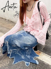 Irregular Skirts For Women High Waist Patchwork Pocket Casual Loose A Line Denim Skrit Female Fashion Clothing New Aiertu