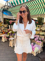 Jacquard Mesh Knitted Top Skirt Dress Set Women Summer Crochet Fashion Sleevless A-line Skirt Set Outfits Beachwear Aiertu