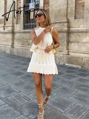 Jacquard Mesh Knitted Top Skirt Dress Set Women Summer Crochet Fashion Sleevless A-line Skirt Set Outfits Beachwear Aiertu