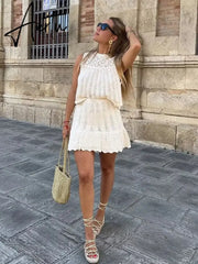 Jacquard Mesh Knitted Top Skirt Dress Set Women Summer Crochet Fashion Sleevless A-line Skirt Set Outfits Beachwear Aiertu