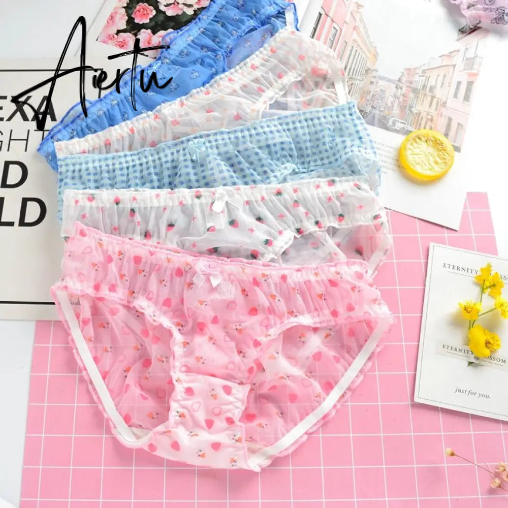 Aiertu Japanese Cute Lolita Sexy Lace Panties For Women Mesh Transparent Underwear Thin Thong Brief Strawberry Lingerie For Teen Girl Aiertu