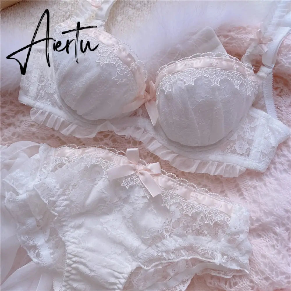 Japanese Cute Women's Underwear Set Lace Sexy Push Up Bra And Panty Embroidery Plus Size Lingere Femme White Bra Panties Thong Aiertu