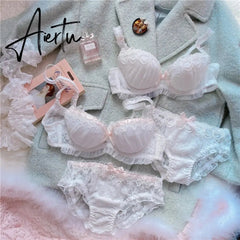 Japanese Cute Women's Underwear Set Lace Sexy Push Up Bra And Panty Embroidery Plus Size Lingere Femme White Bra Panties Thong Aiertu