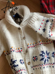 Japanese Gentle Sweater Vintage Style Jacquard Thick Coat Lapel Knitted Cardigan Female Harajuku Fashion Womens Clothing Aiertu