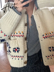 Japanese Gentle Sweater Vintage Style Jacquard Thick Coat Lapel Knitted Cardigan Female Harajuku Fashion Womens Clothing Aiertu
