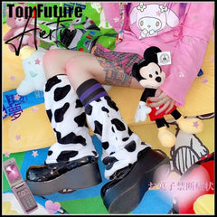 Japanese retro millennial J2K spicy girl Tuku cow pattern Plush winter pile socks leg warmer Aiertu