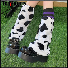 Japanese retro millennial J2K spicy girl Tuku cow pattern Plush winter pile socks leg warmer Aiertu