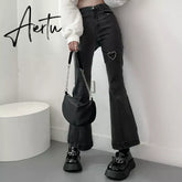 Jeans for Women Vintage Black Denim Flare Pants Streetwear High Waist Slim Mom Trouser Harajuku Y2K Pants Aiertu