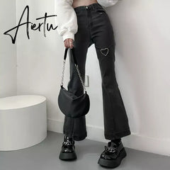 Jeans for Women Vintage Black Denim Flare Pants Streetwear High Waist Slim Mom Trouser Harajuku Y2K Pants Aiertu