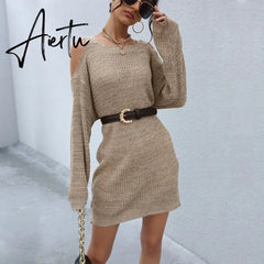 Jenvon Coran Women Autumn Winter Knited Sweater Dresses, Pullover Tunics, Female Sexy Off The Shoulder Long Sleeve Mini Dress. Aiertu